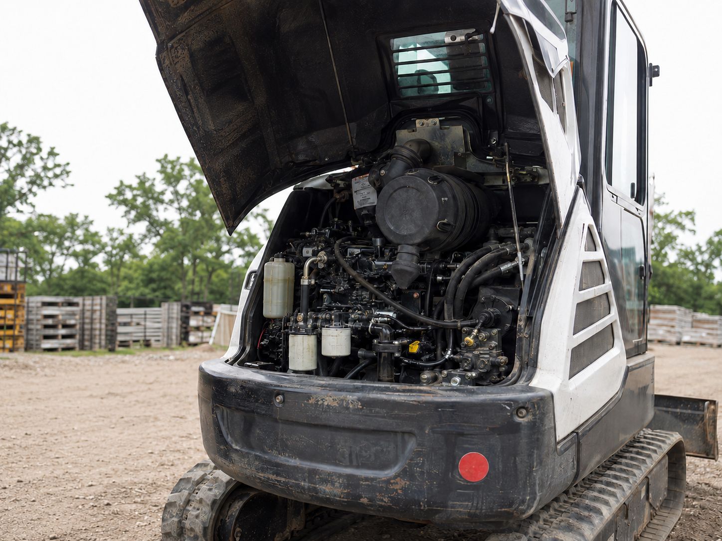 Compact diesel machine with engine compartment open for service
