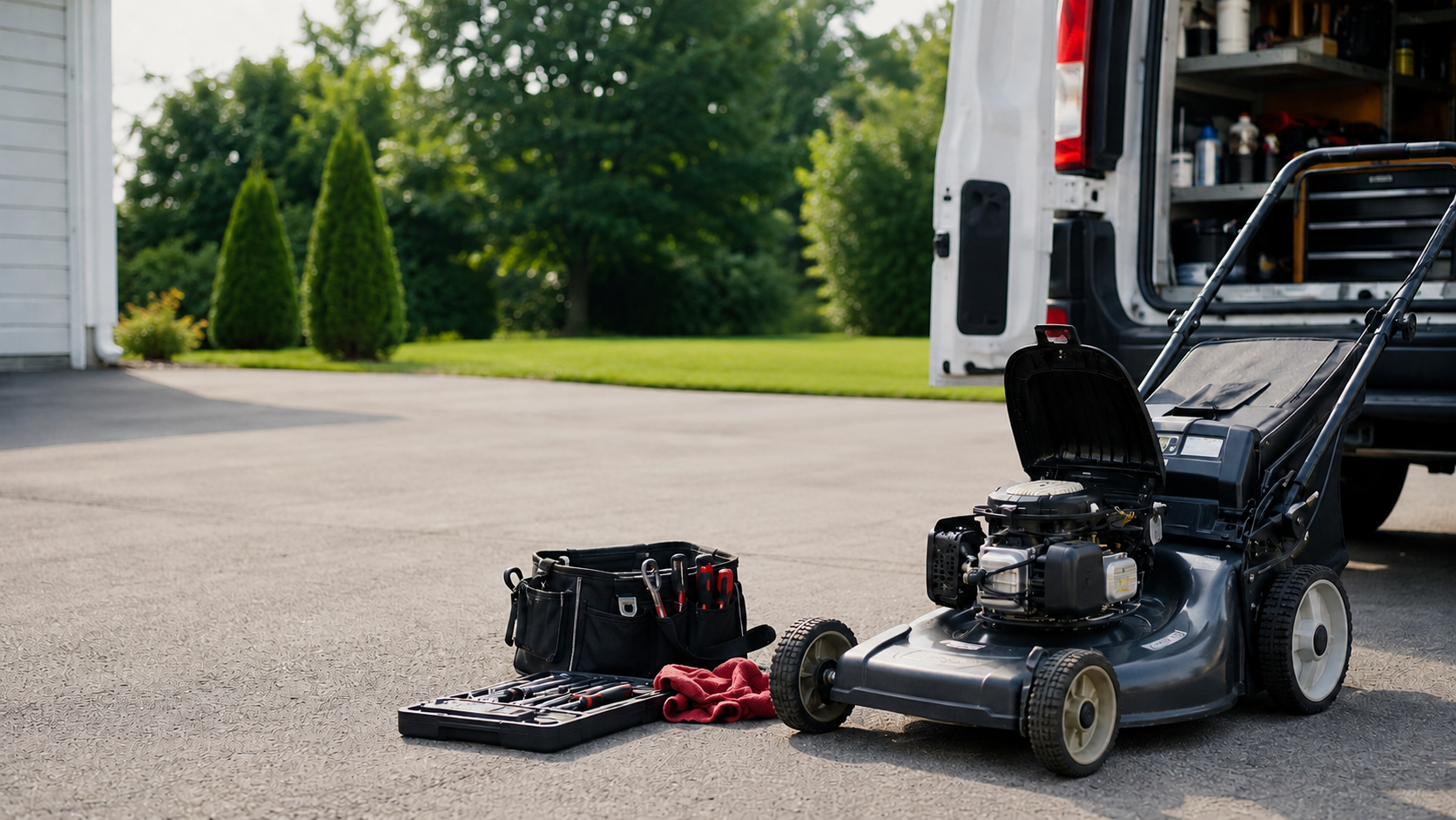Open lawn mower ready for on-site repair beside a service van