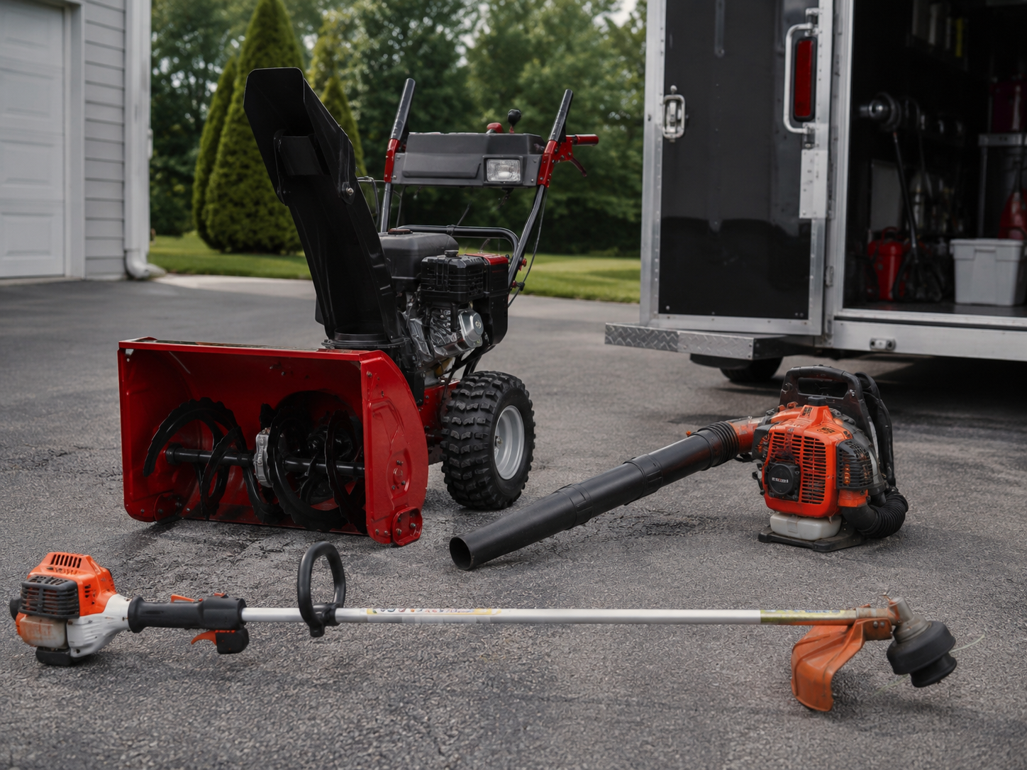Snowblower, leaf blower, and line trimmer positioned for service